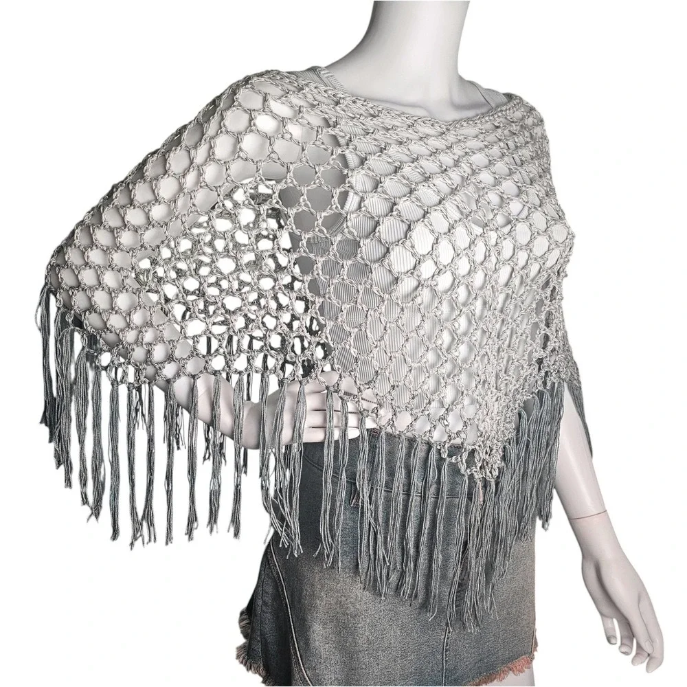 Handmade Crochet Shawl Women Gray Ombre Fringe Cotton Boho Poncho - Picture 5 of 10